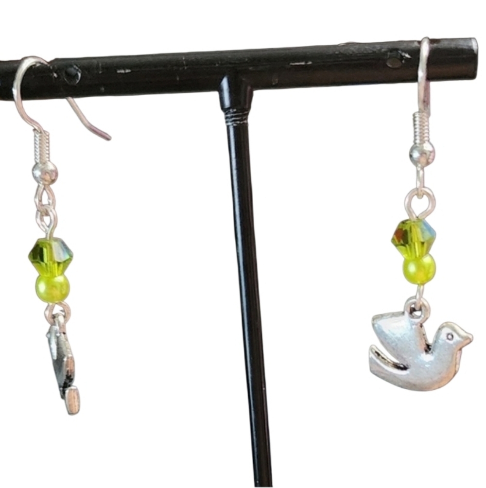 Silvertone Dove Earrings Green Beads